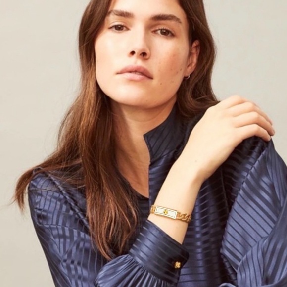 TORY BURCH • White Milgrain Logo Cuff Bracelet - Picture 2 of 7